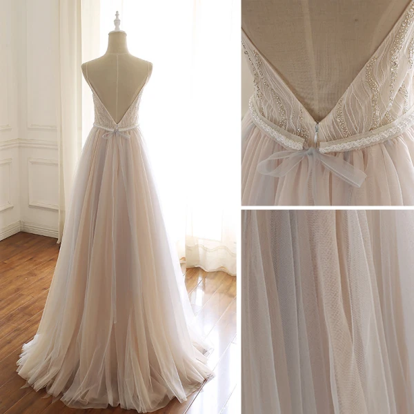 Modern / Fashion Champagne Prom Dresses 2019 A-Line / Princess Spaghetti Straps V-Neck Beading Sequins Sleeveless Backless Bow Floor-Length / Long Formal Dresses