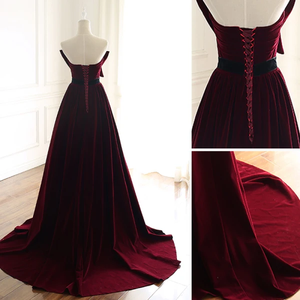 Chic / Beautiful Burgundy Evening Dresses 2019 A-Line / Princess Suede Strapless Bow Sleeveless Backless Court Train Formal Dresses