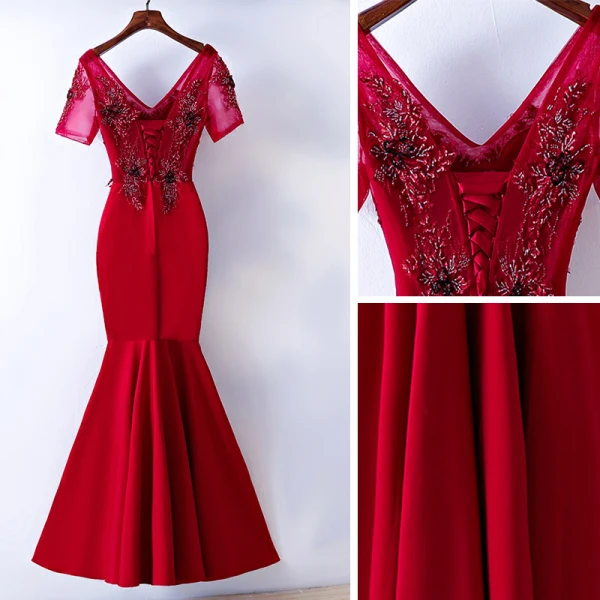 Chic / Belle Rouge Robe De Soirée 2017 Trompette / Sirène En Dentelle Fleur Perlage Paillettes V-Cou Dos Nu Manches Courtes Longueur Cheville Soirée