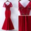 Chic / Belle Rouge Robe De Soirée 2017 Trompette / Sirène En Dentelle Fleur Perlage Paillettes V-Cou Dos Nu Manches Courtes Longueur Cheville Soirée