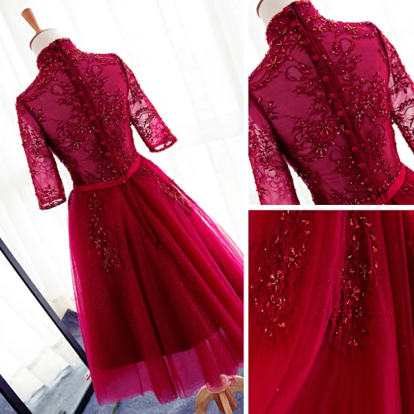 Chic / Beautiful Evening Dresses  2017 A-Line / Princess Bow Beading Sequins High Neck 3/4 Sleeve Knee-Length Evening Party