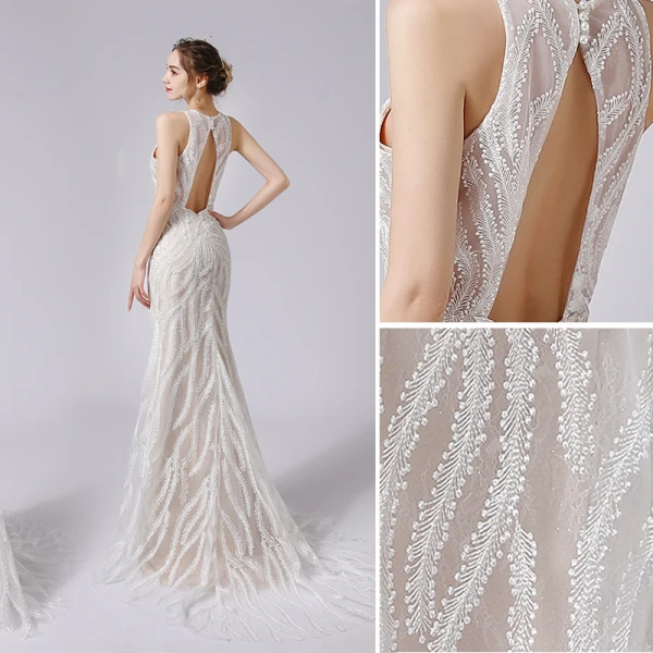Sexy Champagne Lace Flower Wedding Dresses 2021 Trumpet / Mermaid Scoop Neck Sleeveless Backless Sweep Train Wedding