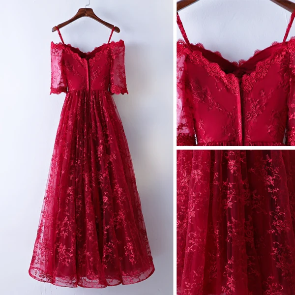 Chic / Beautiful Red Evening Dresses 2017 A-Line / Princess Lace Flower Spaghetti Straps Strapless Backless 1/2 Sleeves Ankle Length Evening Party
