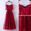 Chic / Beautiful Red Evening Dresses  2017 A-Line / Princess Lace Flower Spaghetti Straps Strapless Backless 1/2 Sleeves Ankle Length Evening Party