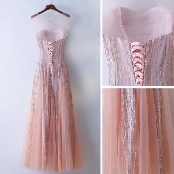 Chic / Beautiful Pearl Pink Prom Dresses 2017 A-Line / Princess Sequins Lace Scoop Neck Backless Sleeveless Floor-Length / Long Prom