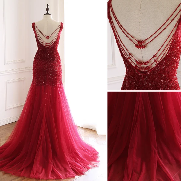 Luxury / Gorgeous Burgundy Handmade  Beading Evening Dresses  2019 Trumpet / Mermaid Scoop Neck Sequins Crystal Sleeveless Backless Court Train Formal Dresses