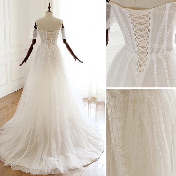Élégant Ivoire Robe De Mariée 2019 Princesse Bretelles Spaghetti Perlage Paillettes En Dentelle Fleur Manches Courtes Dos Nu Tribunal Train