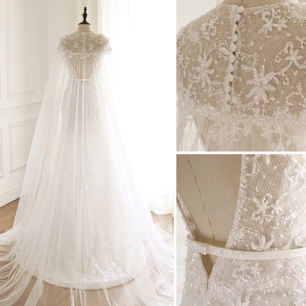 Luxe Ivoire Fait main Perlage Robe De Mariée Avec Châle 2019 Trompette / Sirène V-Cou En Dentelle Fleur Cristal Paillettes Sans Manches Dos Nu Ceinture Tribunal Train