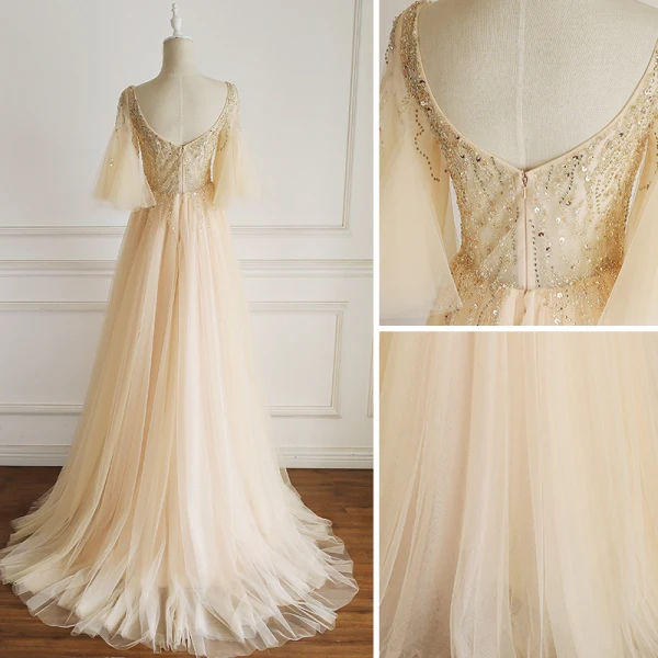 Chic / Belle Champagne Robe De Soirée 2019 Princesse V-Cou Perlage Perle Faux Diamant Manches de cloche Dos Nu Train De Balayage Robe De Ceremonie