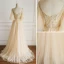 Chic / Belle Champagne Robe De Soirée 2019 Princesse V-Cou Perlage Perle Faux Diamant Manches de cloche Dos Nu Train De Balayage Robe De Ceremonie