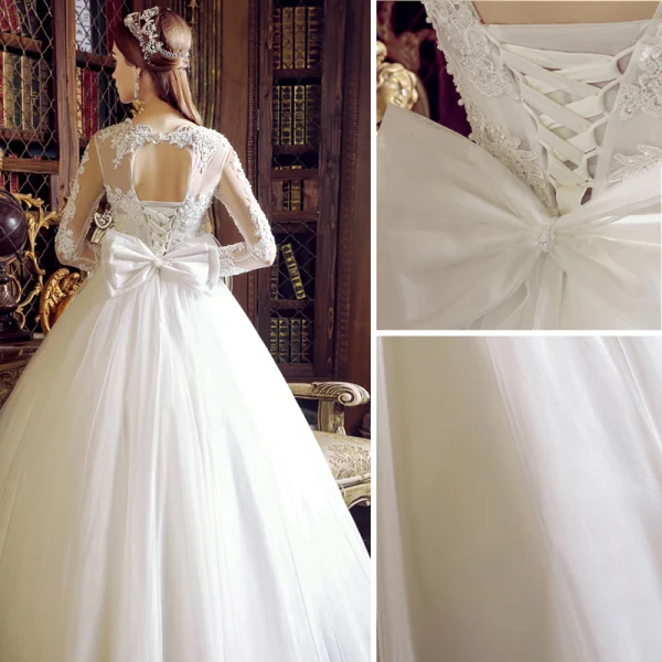 Classy Ivory Wedding Dresses 2019 A-Line / Princess Scoop Neck Pearl Sequins Lace Flower Long Sleeve Backless Bow Sash Floor-Length / Long