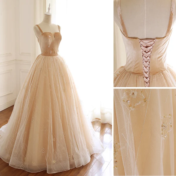 Luxury / Gorgeous Gold Prom Dresses 2019 A-Line / Princess Suede Spaghetti Straps Beading Sleeveless Backless Floor-Length / Long Formal Dresses
