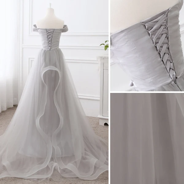 Elegant Grey Prom Dresses 2019 A-Line / Princess Off-The-Shoulder Short Sleeve Backless Bow Court Train Formal Dresses