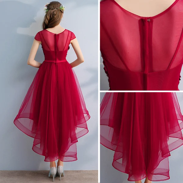 Chic / Beautiful Red Prom Dresses 2017 A-Line / Princess Lace Beading Appliques Pearl Scoop Neck Short Sleeve Asymmetrical Formal Dresses