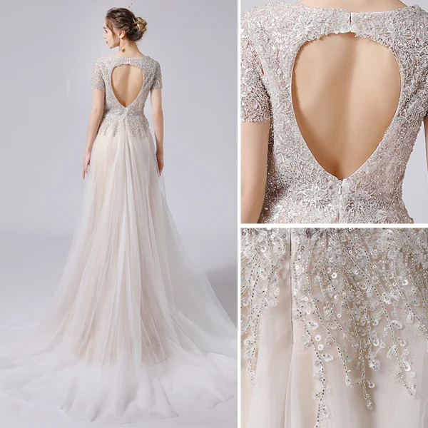 Charmant Champagner Brautkleider / Hochzeitskleider 2021 A Linie Perlenstickerei Kristall Pailletten Tiefer V-Ausschnitt Kurze Ärmel Rückenfreies Sweep / Pinsel Zug Hochzeit