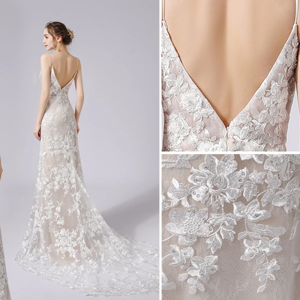 Charming Champagne Wedding Dresses 2021 Trumpet / Mermaid Spaghetti Straps Beading Sequins Lace Flower Sleeveless Backless Court Train Wedding