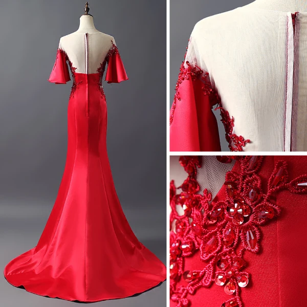 Luxury / Gorgeous Evening Dresses  2017 Trumpet / Mermaid Crystal Lace Flower Sequins Scoop Neck Short Sleeve Sweep Train Evening Party