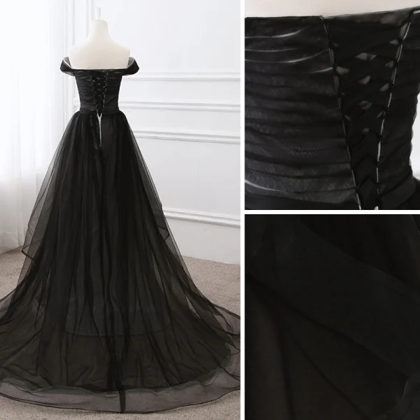 Elegant Black Prom Dresses 2019 A-Line / Princess Off-The-Shoulder Short Sleeve Backless Bow Court Train Formal Dresses