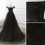 Elegant Black Prom Dresses 2019 A-Line / Princess Off-The-Shoulder Short Sleeve Backless Bow Court Train Formal Dresses