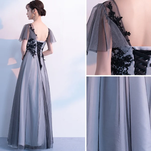Chic / Beautiful Black Evening Dresses  2019 A-Line / Princess V-Neck Lace Flower Short Sleeve Backless Floor-Length / Long Formal Dresses