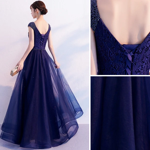 Elegant Navy Blue Evening Dresses 2019 A-Line / Princess V-Neck Beading Flower Lace Bow Sleeveless Backless Floor-Length / Long Formal Dresses
