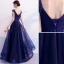 Elegant Navy Blue Evening Dresses  2019 A-Line / Princess V-Neck Beading Flower Lace Bow Sleeveless Backless Floor-Length / Long Formal Dresses