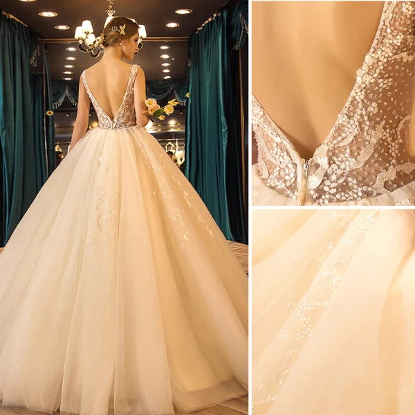 Elegant Champagne Wedding Dresses 2019 Ball Gown Scoop Neck Beading Sequins Lace Flower Sleeveless Backless Floor-Length / Long