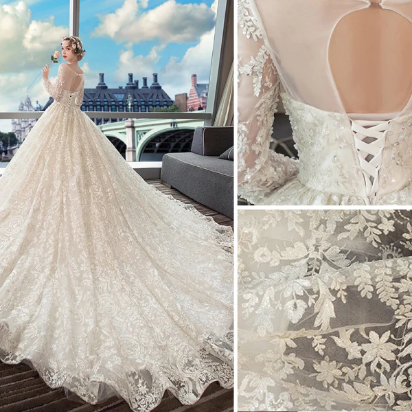 Luxury / Gorgeous Beige Wedding Dresses 2019 A-Line / Princess Scoop Neck Beading Pearl Sequins Lace Flower Long Sleeve Backless Royal Train