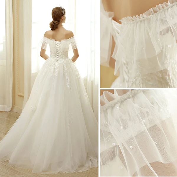 Affordable Ivory Wedding Dresses 2019 A-Line / Princess Off-The-Shoulder Lace Flower Short Sleeve Backless Floor-Length / Long