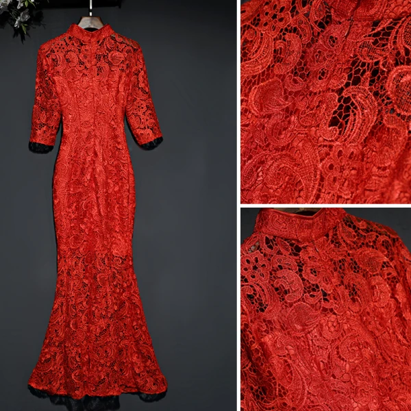 Style Chinois Rouge Robe De Soirée 2019 Trompette / Sirène Col Haut Transparentes Dentelle Fleur 1/2 Manches Longue Robe De Ceremonie