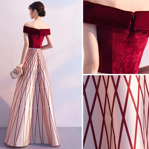 Chic / Beautiful Burgundy Evening Dresses  2019 A-Line / Princess Off-The-Shoulder Suede Short Sleeve Backless Striped Floor-Length / Long Formal Dresses