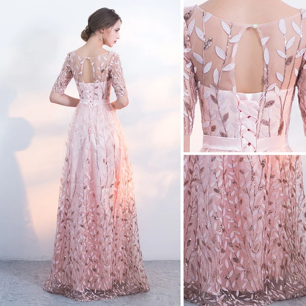 Chic / Belle Robe De Soirée 2017 Princesse En Dentelle Paillettes Ceinture Encolure Dégagée 1/2 Manches Longue Robe De Ceremonie