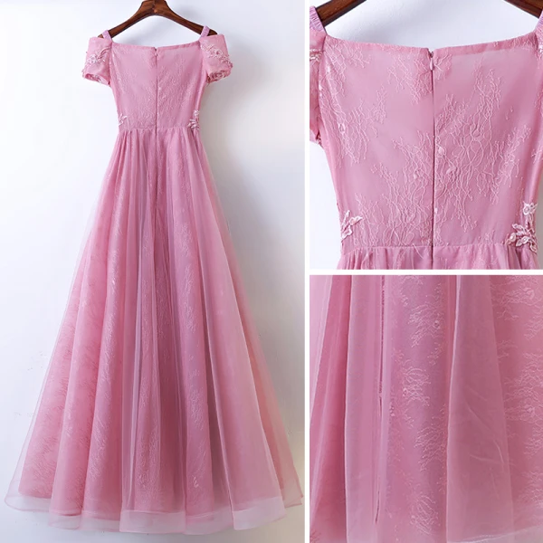 Chic / Beautiful Candy Pink Bridesmaid Dresses 2017 A-Line / Princess Lace Flower Beading Scoop Neck Short Sleeve Ankle Length Wedding Party Dresses