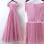 Chic / Beautiful Candy Pink Bridesmaid Dresses 2017 A-Line / Princess Lace Flower Beading Scoop Neck Short Sleeve Ankle Length Wedding Party Dresses