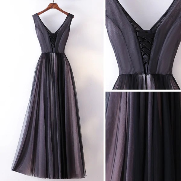 Chic / Belle Noire Robe De Soirée 2017 Princesse Dentelle Perlage Cristal V-Cou Dos Nu Sans Manches Robe De Ceremonie