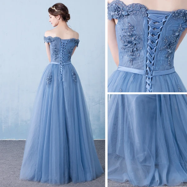Chic / Beautiful Evening Dresses 2017 A-Line / Princess Lace Flower Pearl Artificial Flowers Off-The-Shoulder Backless Short Sleeve Floor-Length / Long Formal Dresses