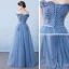 Chic / Beautiful Evening Dresses  2017 A-Line / Princess Lace Flower Pearl Artificial Flowers Off-The-Shoulder Backless Short Sleeve Floor-Length / Long Formal Dresses