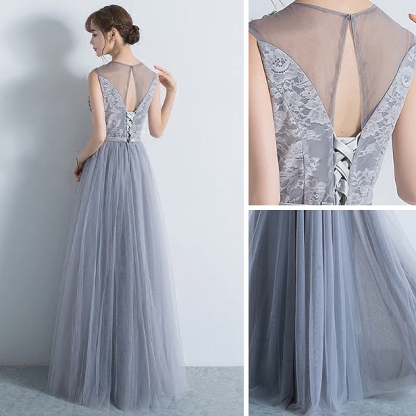 Chic / Beautiful Silver Formal Dresses 2017 A-Line / Princess Lace Flower Bow Scoop Neck Backless Sleeveless Floor-Length / Long Evening Dresses