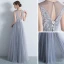 Chic / Beautiful Silver Formal Dresses 2017 A-Line / Princess Lace Flower Bow Scoop Neck Backless Sleeveless Floor-Length / Long Evening Dresses