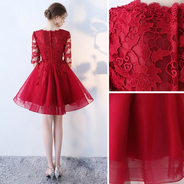 Chic / Beautiful Homecoming Graduation Dresses 2017 A-Line / Princess Lace Flower Scoop Neck 1/2 Sleeves Short Formal Dresses