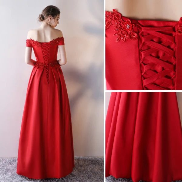 Chic / Belle Rouge Robe De Soirée 2017 Princesse Dentelle Fleur Paillettes De l'épaule Dos Nu Manches Courtes Longueur Cheville Robe De Ceremonie