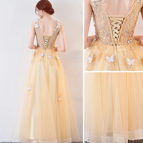 Luxury / Gorgeous Gold Prom Dresses 2017 A-Line / Princess Butterfly Lace Flower Crystal Sequins V-Neck Backless Sleeveless Ankle Length Formal Dresses