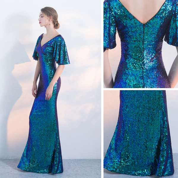 Chic / Belle Bleu D'encre Robe De Ceremonie 2017 Trompette / Sirène Paillettes V-Cou Dos Nu 1/2 Manches Longue Robe De Soirée