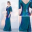 Chic / Belle Bleu D'encre Robe De Ceremonie 2017 Trompette / Sirène Paillettes V-Cou Dos Nu 1/2 Manches Longue Robe De Soirée