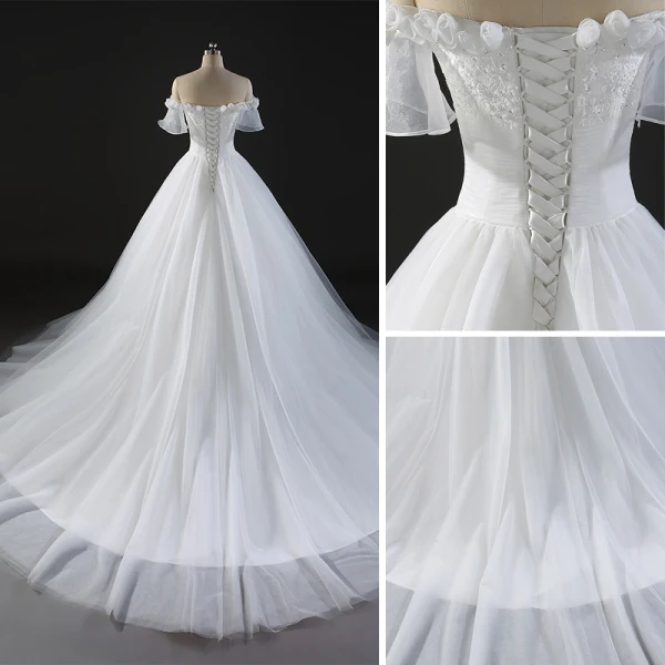 Chic / Belle Robe De Mariée 2017 Robe Boule En Dentelle Fleur Paillettes De l'épaule Dos Nu Manches Courtes Royal Train