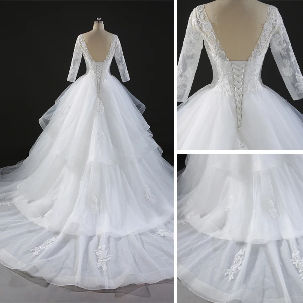 Chic / Belle Robe De Mariée 2017 Robe Boule En Dentelle Fleur Paillettes V-Cou Dos Nu 3/4 Manches Royal Train