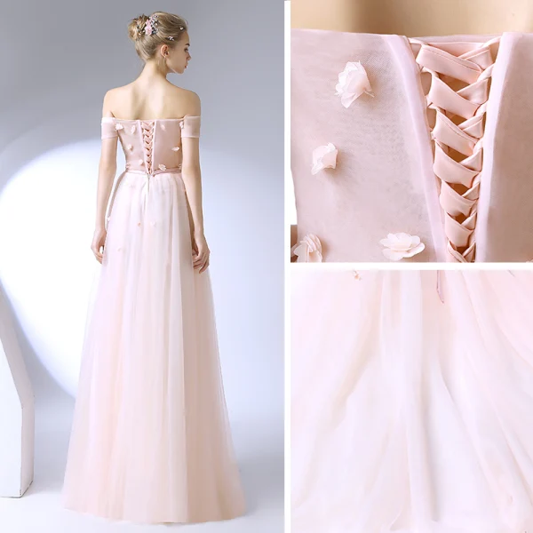 Chic / Beautiful Prom Dresses 2017 A-Line / Princess Lace Flower Crystal Pearl Off-The-Shoulder Backless Short Sleeve Floor-Length / Long Formal Dresses