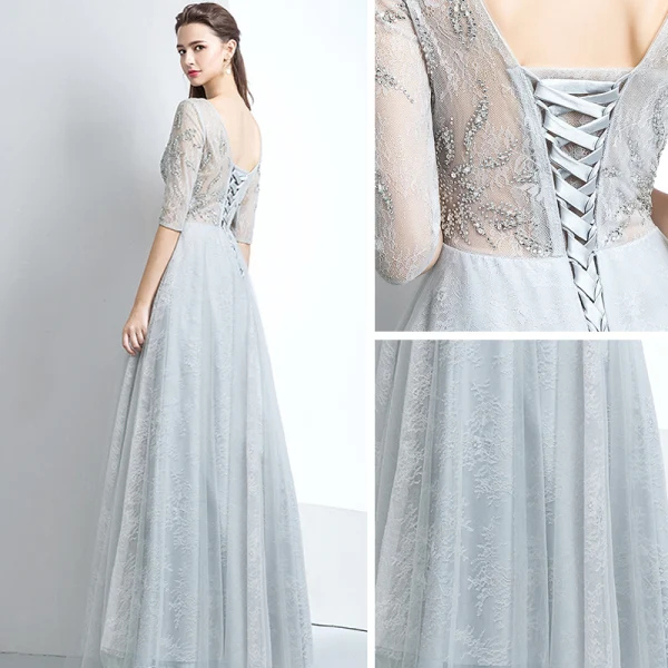 Chic / Beautiful Evening Dresses 2017 A-Line / Princess Lace Sequins Scoop Neck Backless 1/2 Sleeves Floor-Length / Long Evening Party