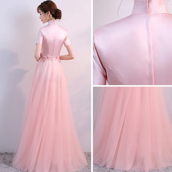 Chic / Beautiful Pearl Pink Chinese style Formal Dresses 2017 A-Line / Princess Lace Flower Pearl High Neck Short Sleeve Floor-Length / Long Evening Dresses