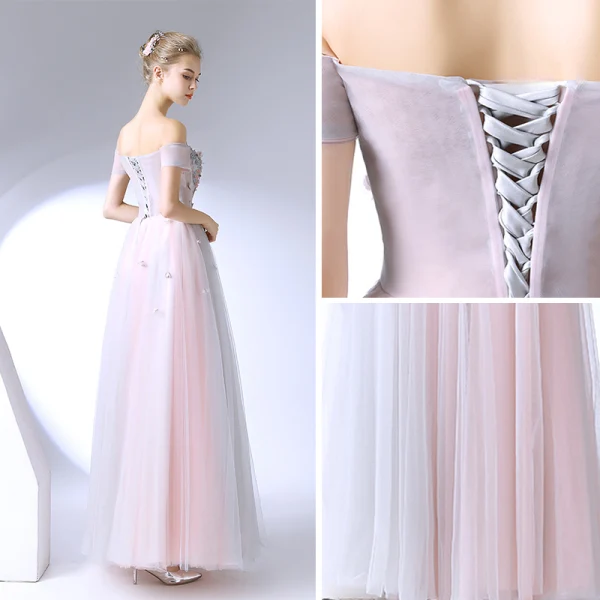 Chic / Belle Rougissant Rose Robe De Ceremonie 2017 Princesse En Dentelle Fleur Cristal De l'épaule Dos Nu Manches Courtes Longueur Cheville Robe De Bal